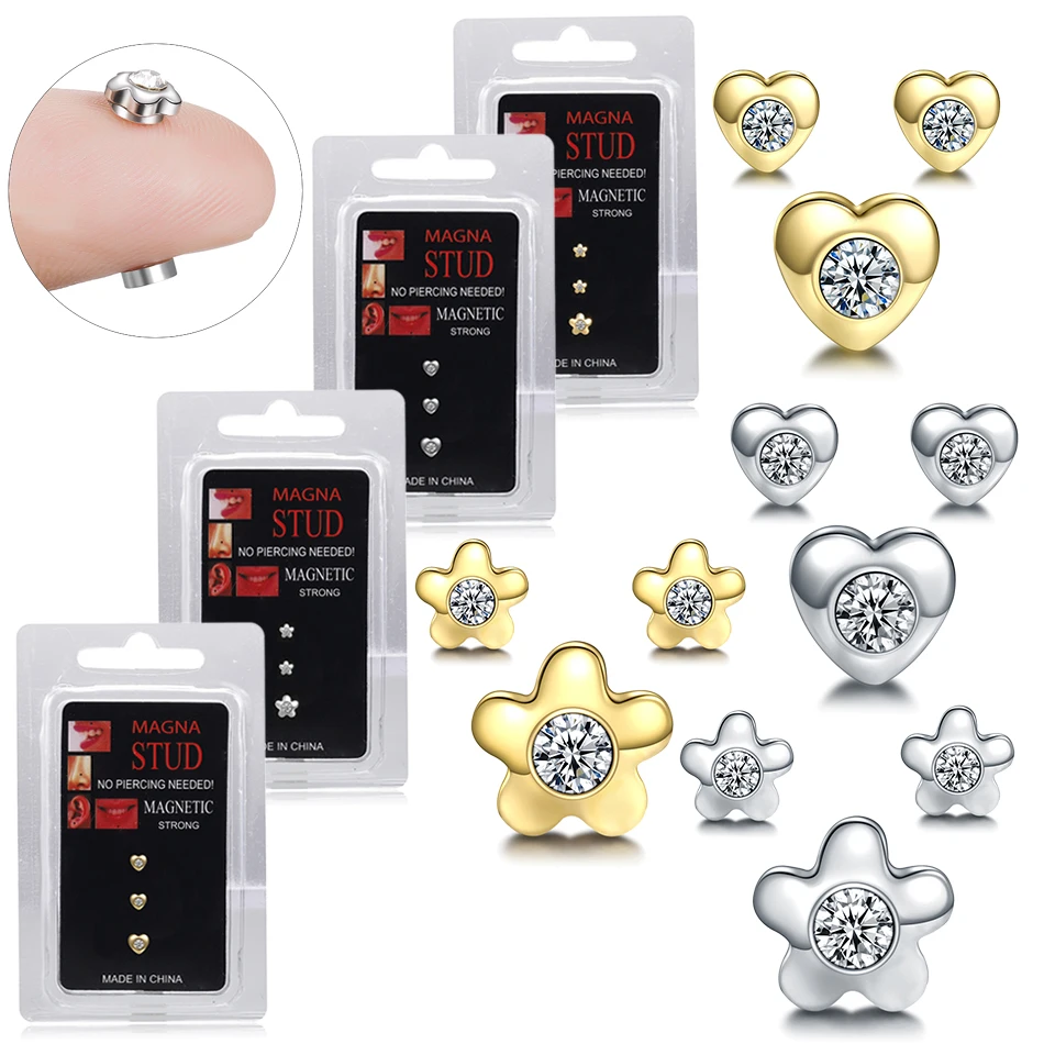 3Pcs/Set Fake Piercing Magnetic Stud Earings For Women Men Kids No Hole Crystal Ear Jewelry Magnet Earrings