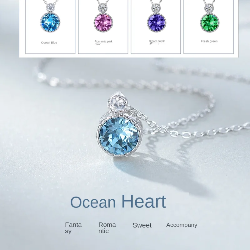 

925 sterling silver necklace pendant woman clavicle chain Austrian crystal beads sapphire pink purple fashion jewelry Length 45