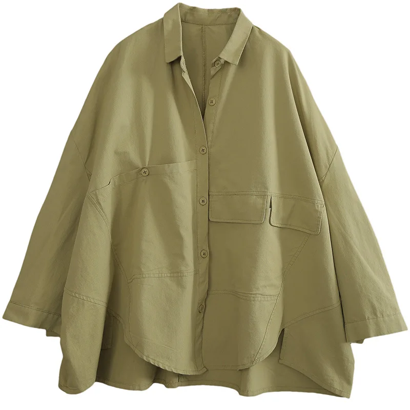 

SuperAen Solid Turn Down Collar Single Breasted Irregular Batwing Sleeve Shirt Loose Oversized Blouse Women