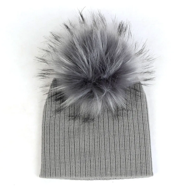 Light Gray17 Geebro/осенне-зимняя Толстая теплая шапка для младенца вязаный в рубчик, хлопковая однотонная детская шапка с помпоном для мальчиков и девочек, детские шапки, детская шапочка - Цвет: Light Gray17
