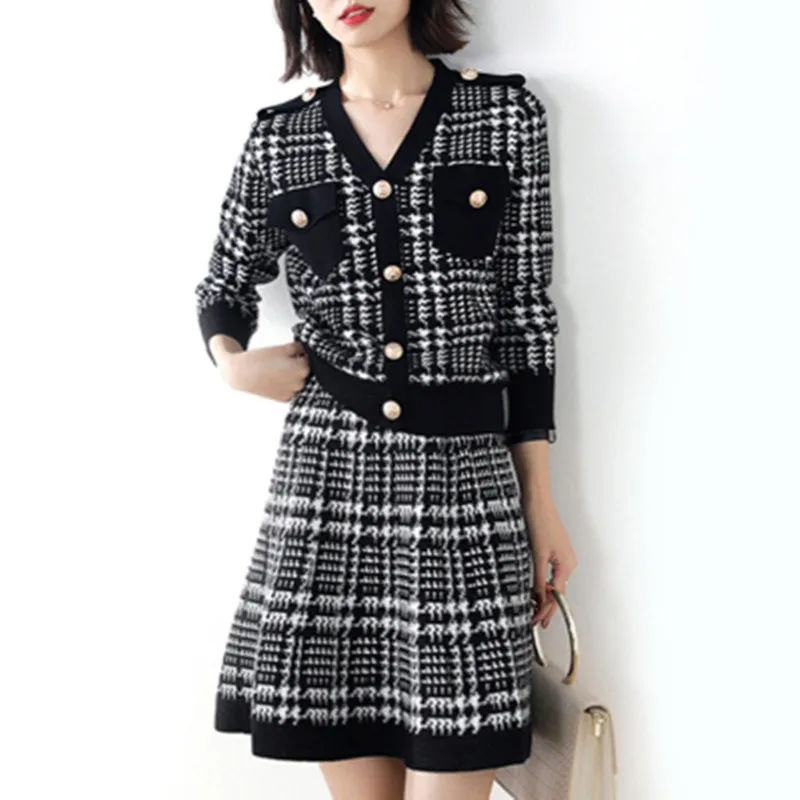 

Модный вязаный свитер и юбка, комплект из 2 предметов, Женский Повседневный однобортный вязаный кардиган высокого качества + юбка-трапеция в...