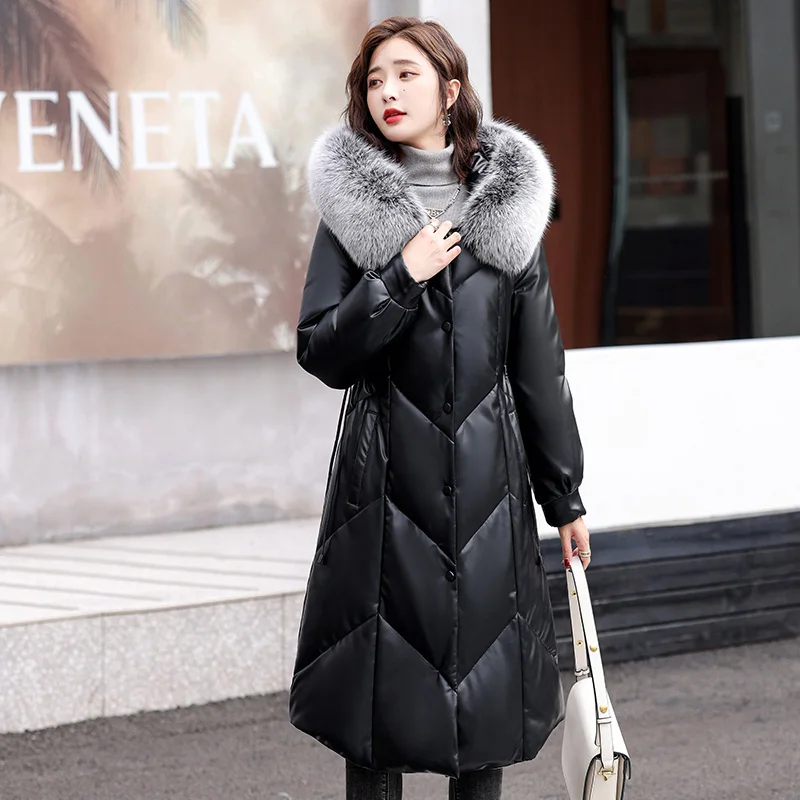 New Women Leather Coat Autumn Winter 2022 Real Fox Fur Collar Drawstring Waist Loose Long Sheepskin Overcoat Leather Down Jacket