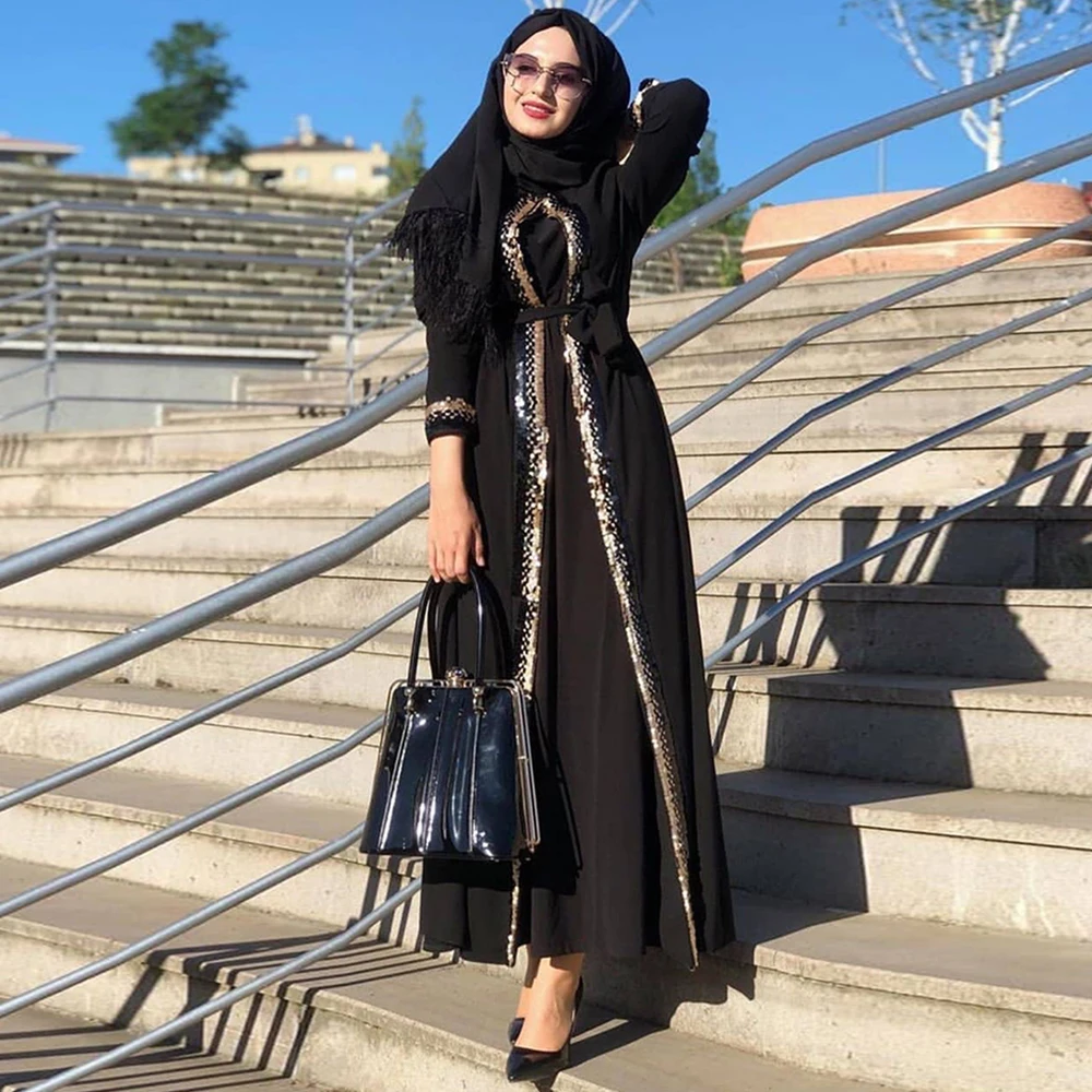 

Мусульманское модное женское кимоно с блестками Халат 2021 Дубай умеренный ИД Мубарак Марокко Арабская Турецкая мусульманская одежда Черный...