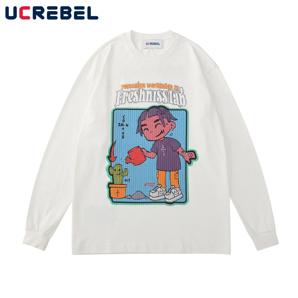 

Футболка мужская с длинным рукавом, хлопок, круглый вырез, уличная одежда, повседневная Свободная рубашка с мультяшным принтом, осень