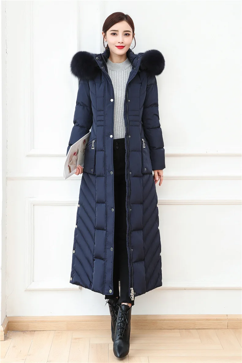 S- 4XL plus size Winter over the knee X-long 90% Duck down coat female X-Long thick warm Down Jacket real fox fur Parkas F442