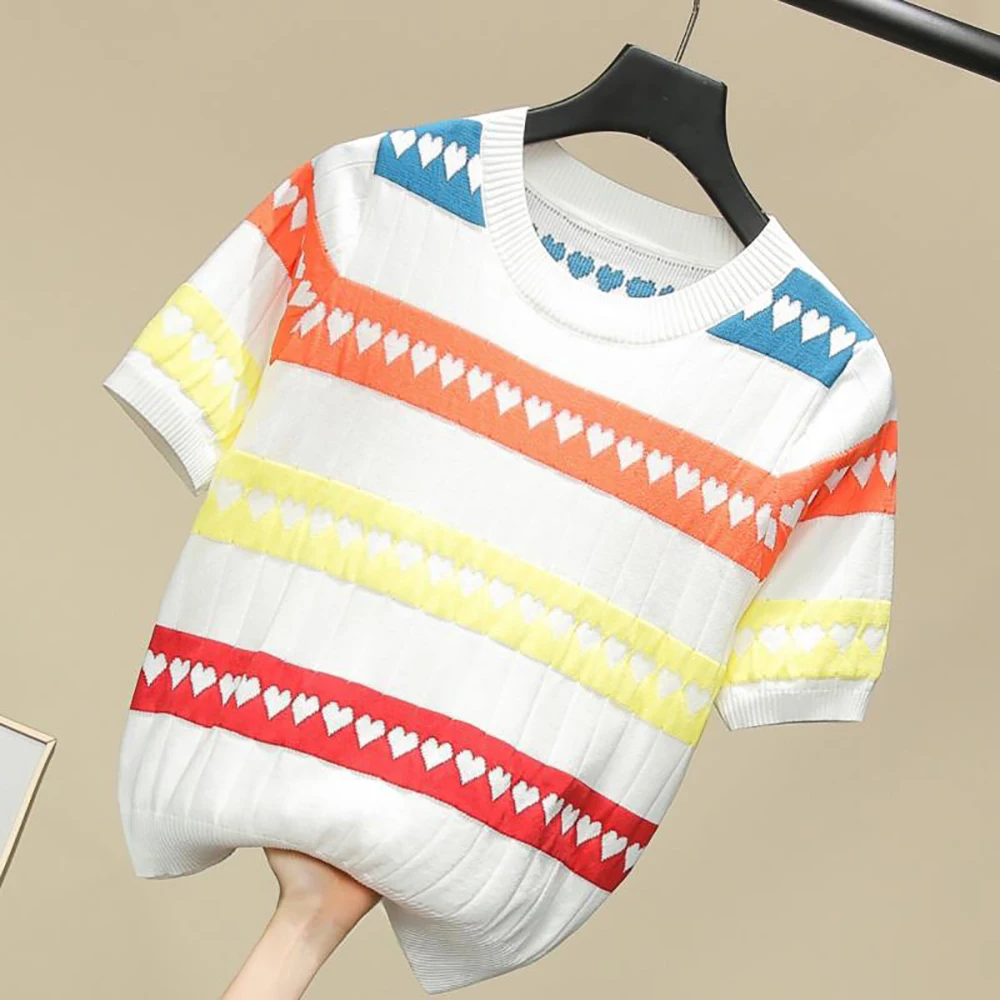 

Женский трикотажный свитер в полоску Love Heart, Модный пуловер в стиле пэчворк с коротким рукавом и круглым вырезом, весна-лето 2022