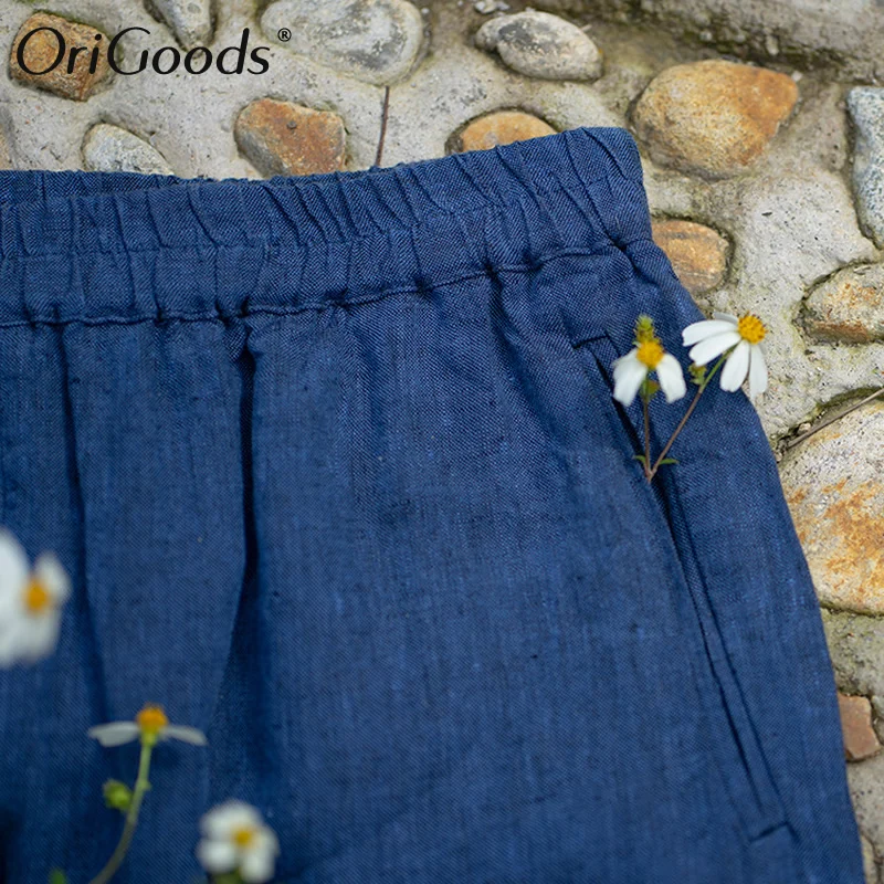 

OriGoods Linen Pants Women Loose Casual Linen Wide leg Pants 2020 Summer New Blue Pants Linen Wide leg Trousers Women E003