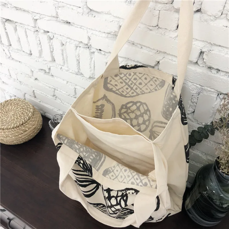 

Women Canvas Shoulder Bag Leaf Printing Female Large Capacity Shopping Bag Lady Eco Pure Cotton Beige Handbag Junior Miss Tote