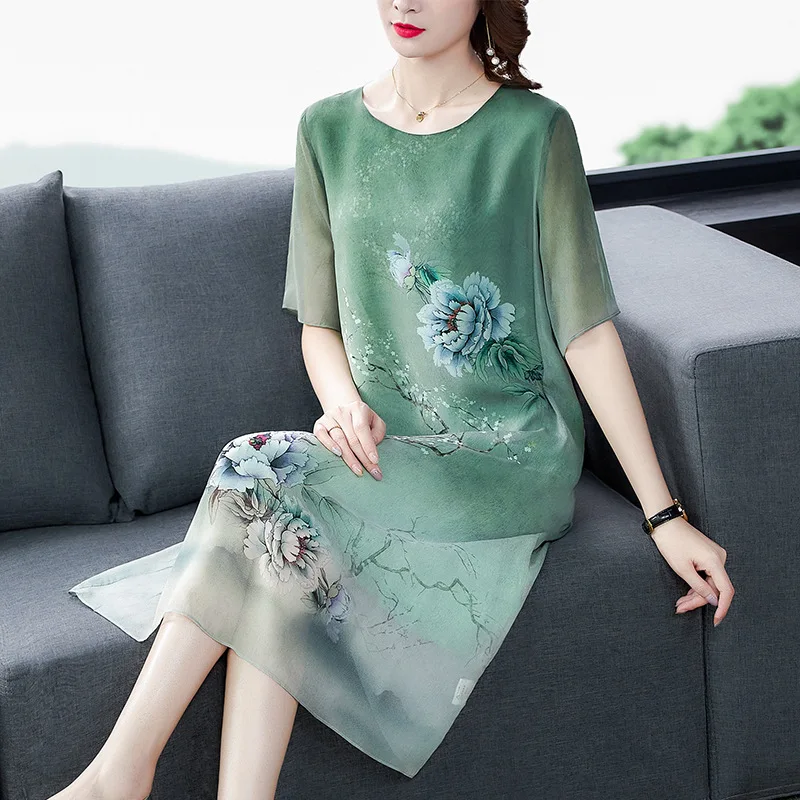

Silk dress female2020 summer new fashion loose O-neck printed short-sleeved dress large size M-4XL high quality elegant vestidos
