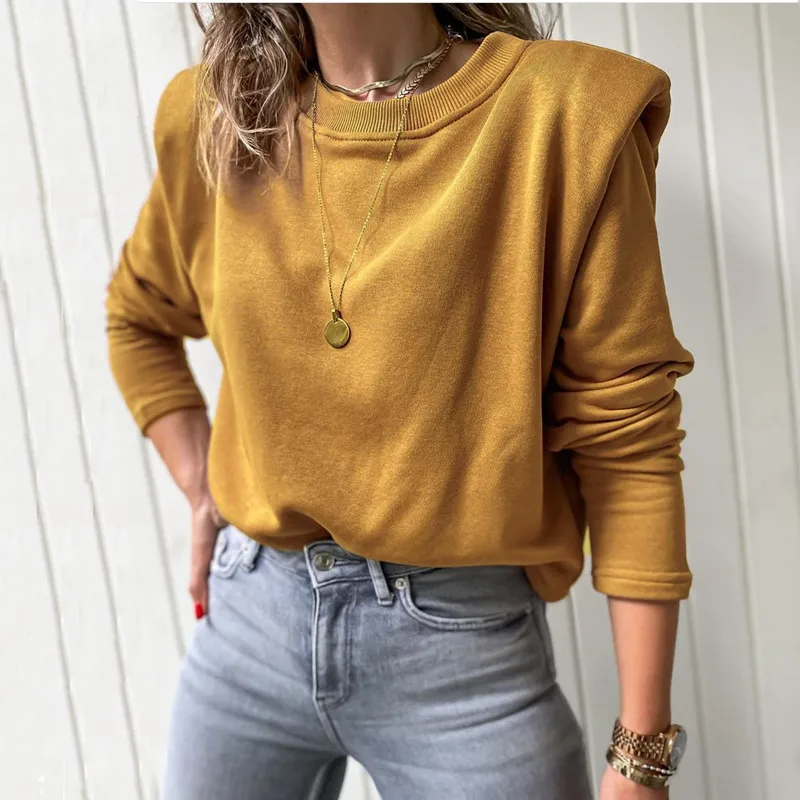 

Pure Casual Fall/winter Long-sleeved Shoulder Pads Plus Fleece Tops Slim Women Basic Fashion Pullover White Hoodies Sweatshirt