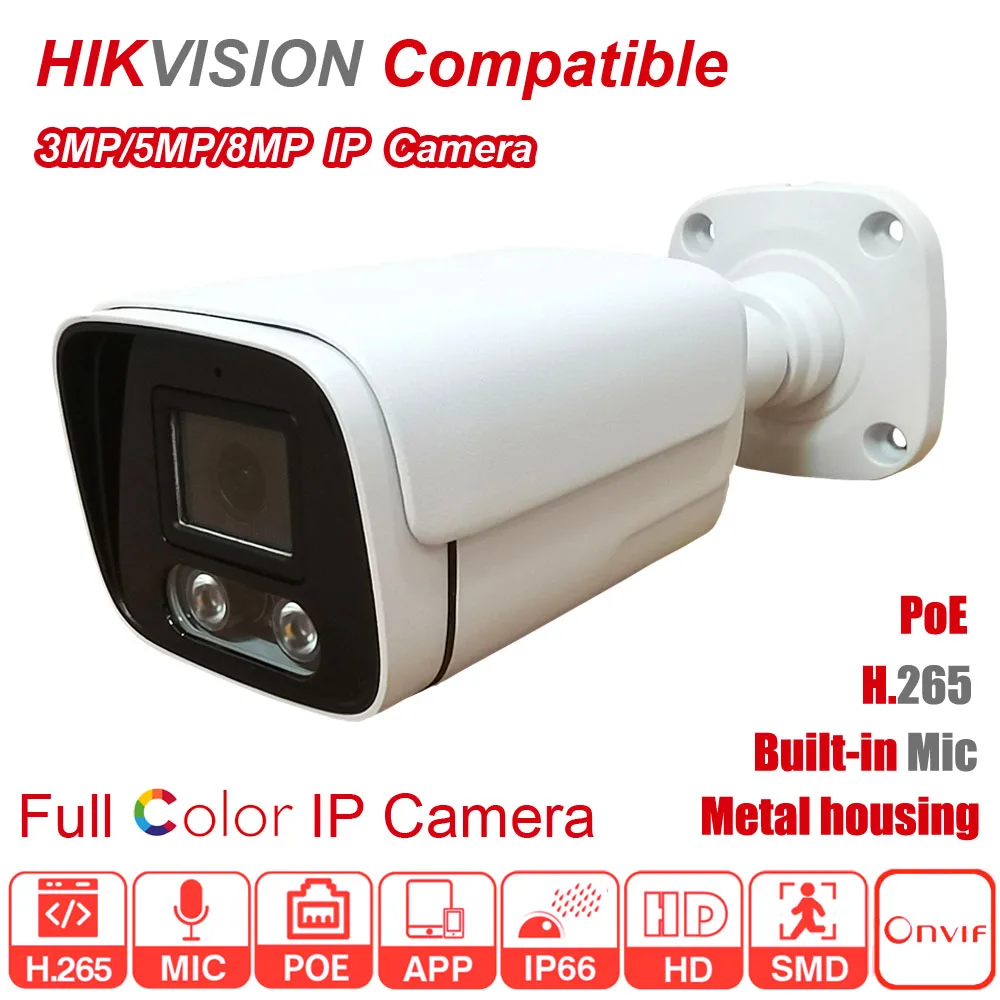 

Hikvision Compatible 3MP/5MP/8MP HD Full Color ColorVu POE H.265 Built-in Mic IP66 Bullet CCTV IP Camera