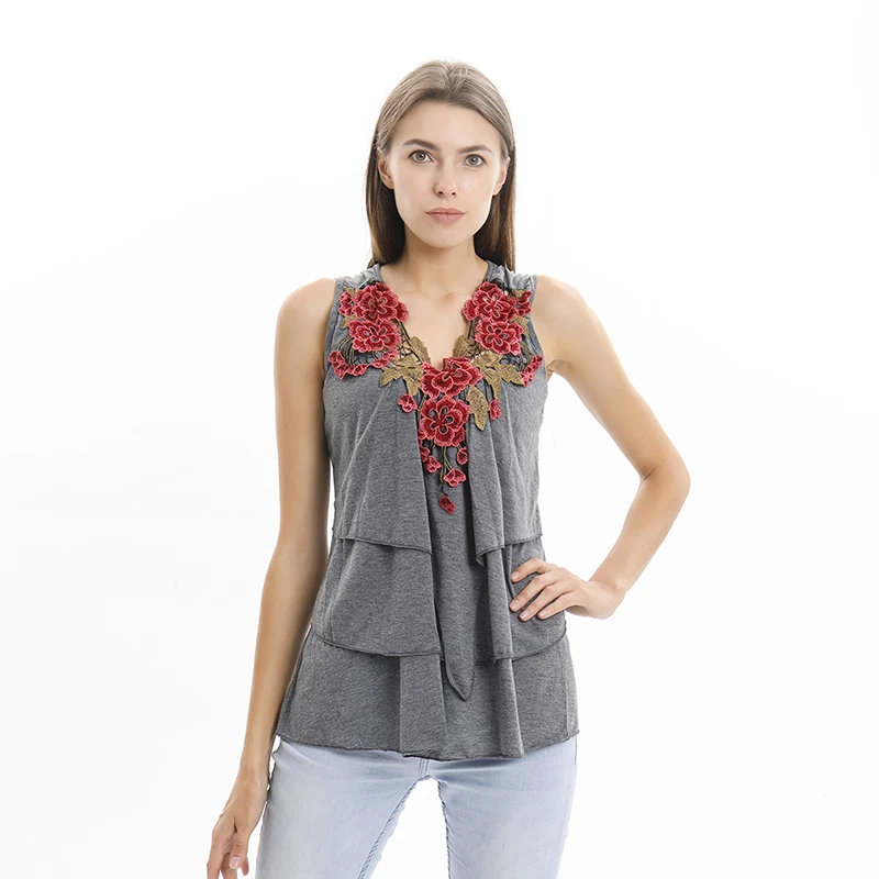 2019 Лето Плюс Размер майка Мода Женщины без рукавов v образным вырезом Роза