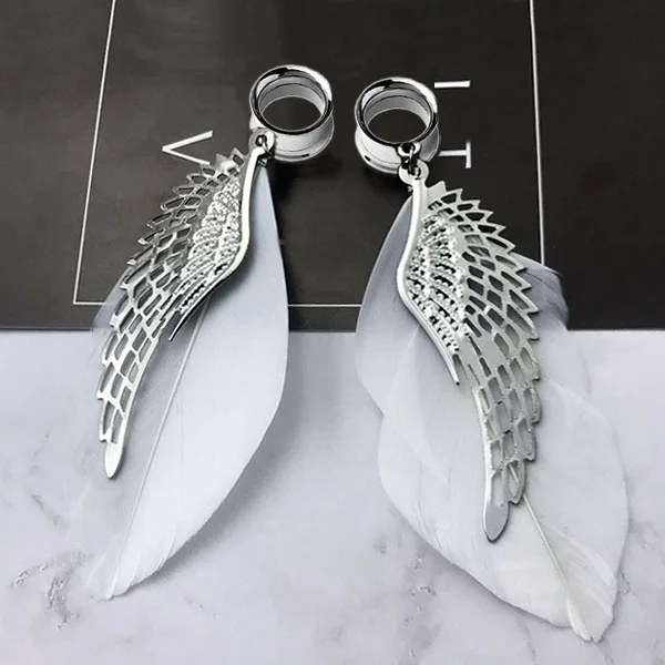 

1 Pair Ear Tunnel Plug Stainless Steel Ear Gauges Flesh Piercing Feather Wing Pendant Ear ExpanderEar Reamer Expansores Oreja