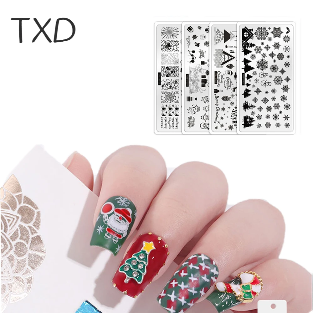 

TXD Christmas Tree Elk Painted Steel Plate Nail Art Template Printed Template Nail Decoration Christmas