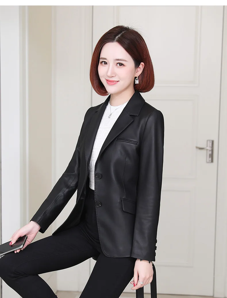 Chaqueta de piel de oveja auténtica para mujer, abrigo de piel auténtica, abrigo de piel corta de piel para mujer, chaqueta de piel de oveja negra, un solo pecho