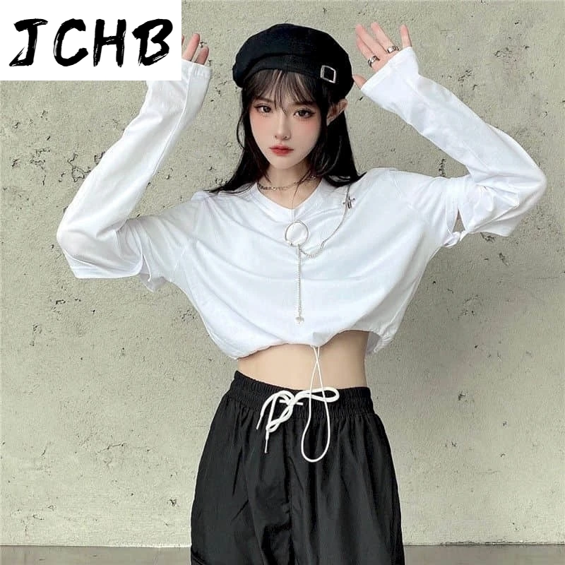 

2021 Scheming Hollow Gothic Tshirt Women Punk Clothes Detachable Design Long-sleeved T-shirt Autumn Korean Ins Cropped Short Top