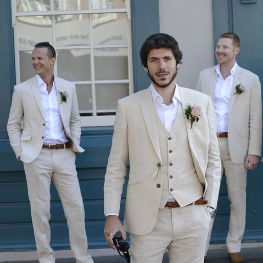 

Summer Suits Beige Beach Suits Men Linen Wedding Suit Bestman Groomsmen Marriage Tuxedo Custom Made Man Suit 3 Piece