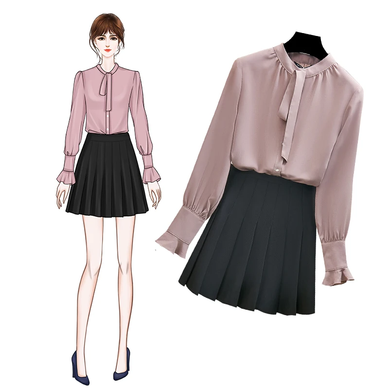 

Korean Fashion 2019 Fall New Long Sleeve Chiffon Shirt & Pleated Skirt Two-Piece Clothing Set Office Lady Outfit Vestido S-XL