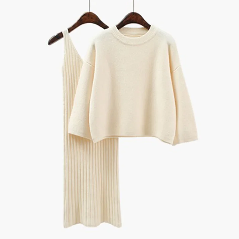 Beige Женский комплект из 2 предметов, модный свитер, облегающее платье на коленях+ трикотажные пуловеры, корейский свитер с рукавом три четверти и круглым вырезом, топы - Цвет: Beige
