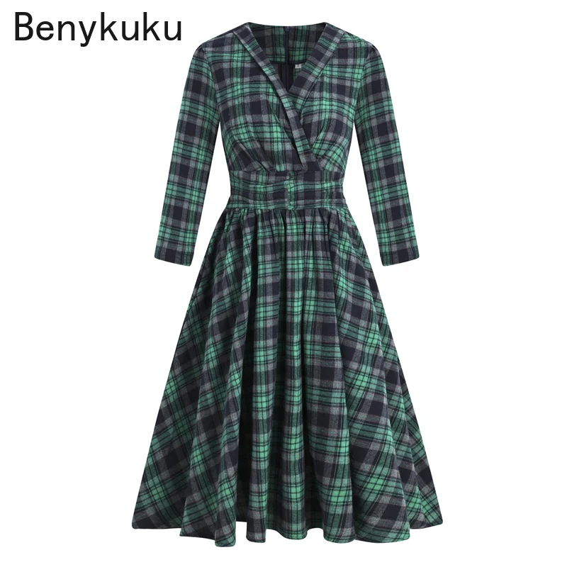 

British Green Plaid Women Pleated Midi Dress V-Neck High Waist 3/4 Length Sleeve Vintage Clothes Autumn Winter Swing Dresses