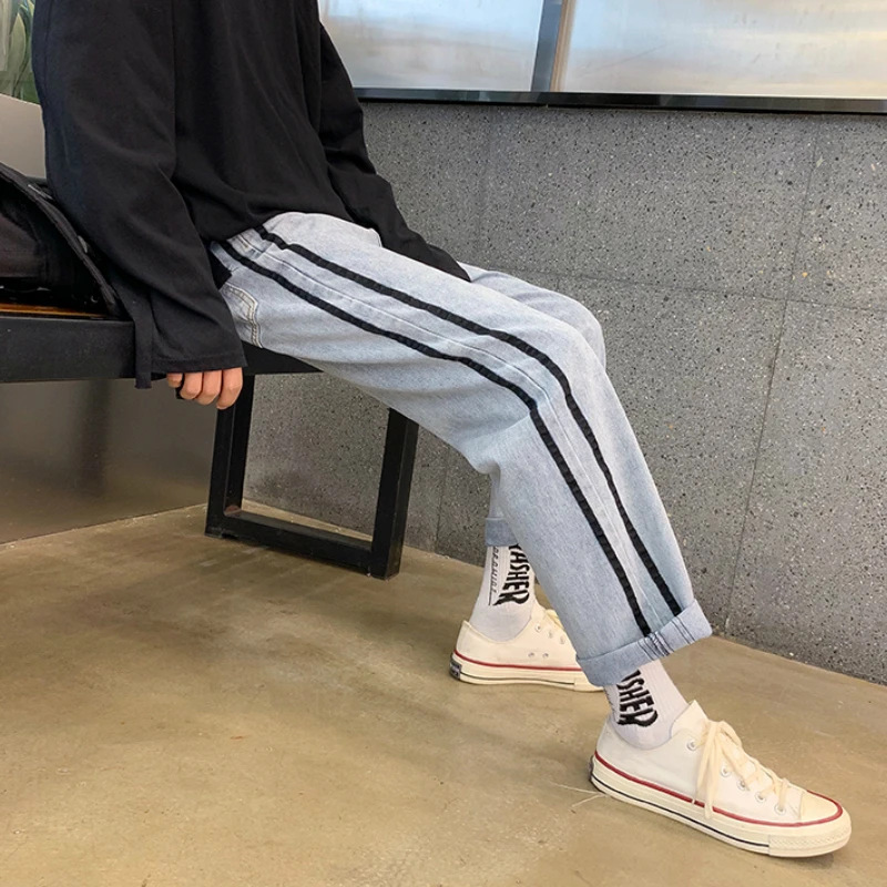 

Jeans Men Denim Striped Plus Size 3XL Button Fly Ankle-length Straight New Male Trousers Japanese Style Designed Chic Streetwear