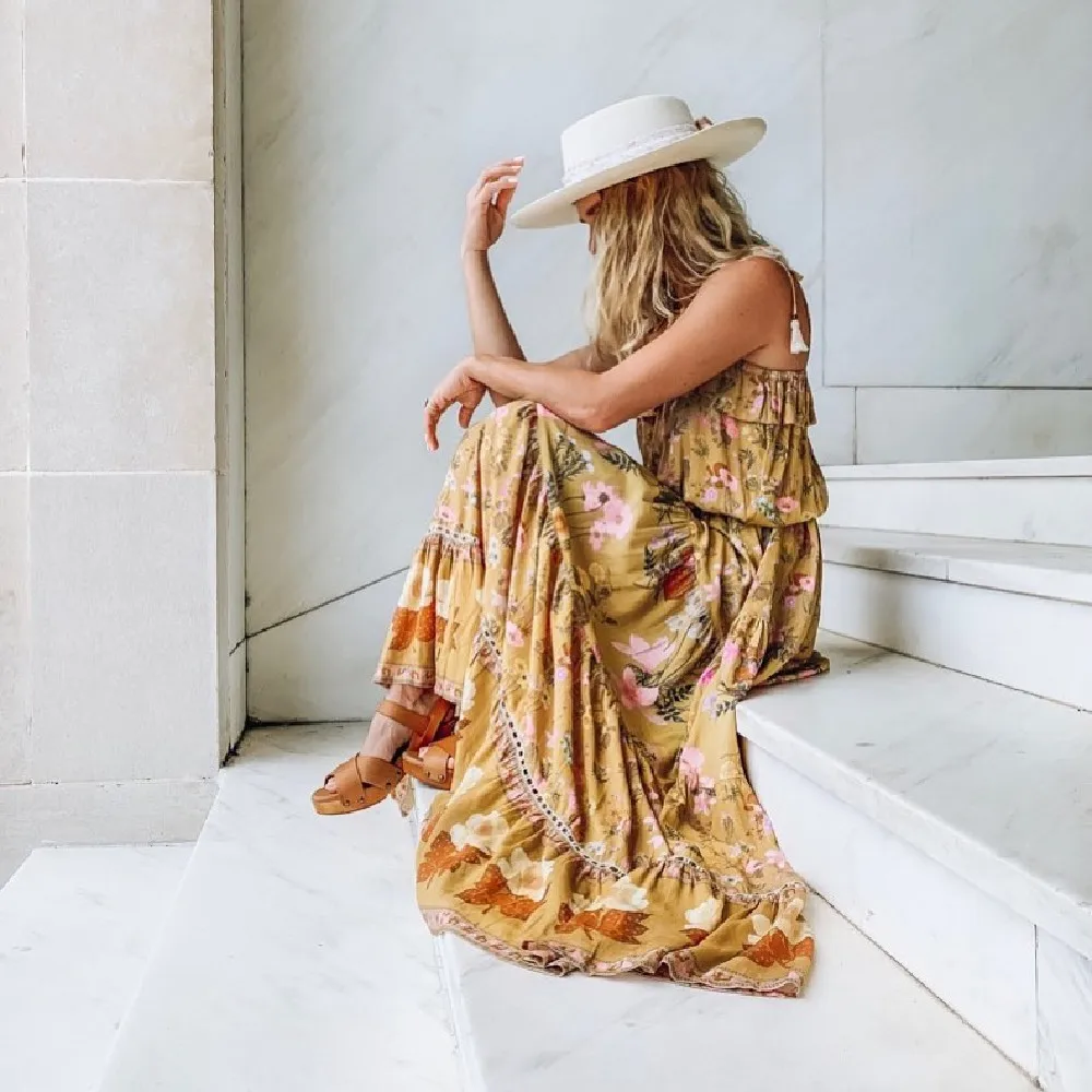 

2021 Boho Women Straps Sleeveless Floral Dresses Buttons Down Long Boho Dress Casual Women Dresses Bohemian Dress A666