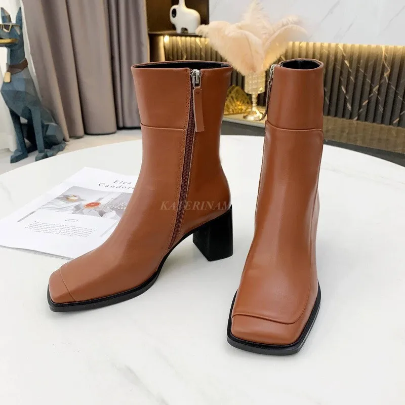 

Stitching White Nude Boots 2021 Autumn Winter Martin Boots Women Square Toe Side Zipper Ladies Mid-Tube High-Heeled Short Shoes