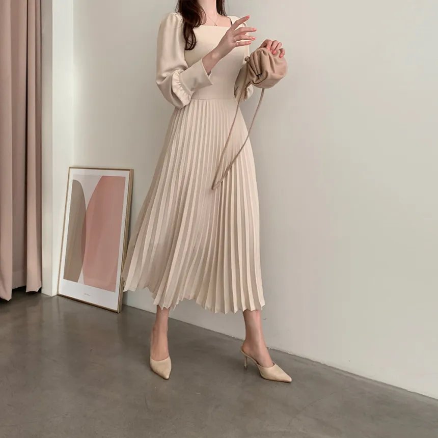 

Женское плиссированное платье, повседневное однотонное элегантное платье с длинным рукавом в Корейском стиле на осень