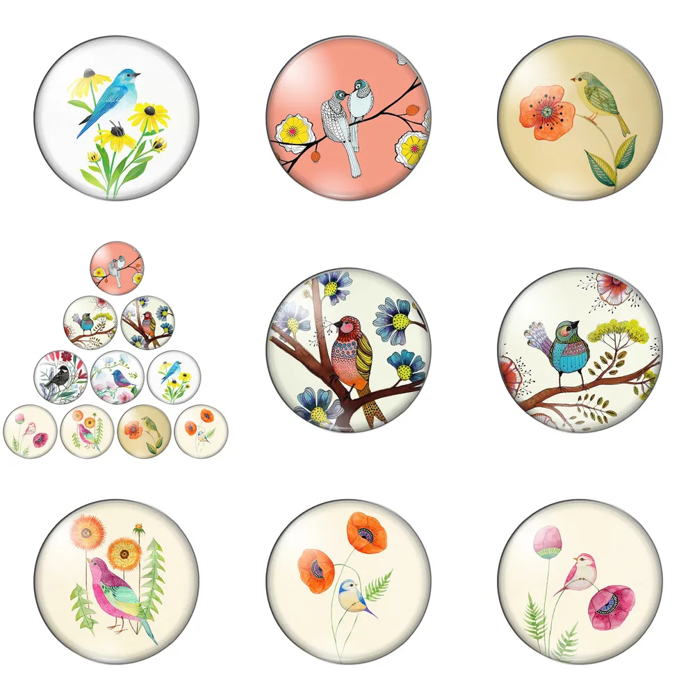 

10pcs Mixed Flowers Birds Color Painting 10mm/12mm/18mm/20mm/25mm Round Photo Glass Cabochon Demo Flat Back Making Findings