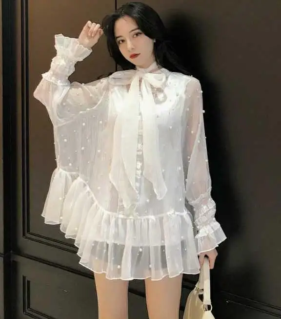 Женские шифоновые блузки с длинным рукавом свободные бусинами для работы весна