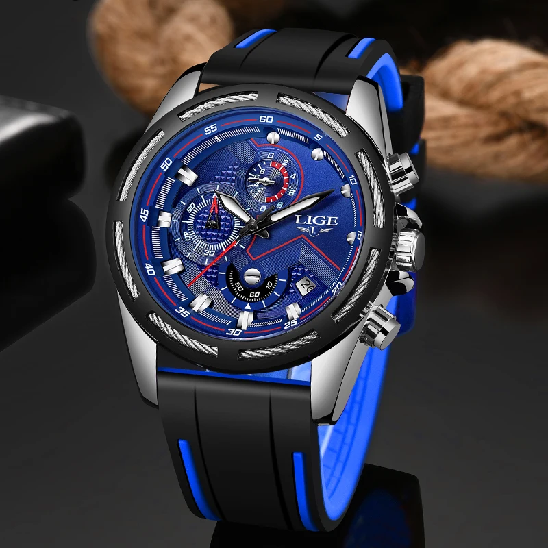 Часы наручные LIGE Мужские кварцевые с хронографом аналоговые светящиеся
