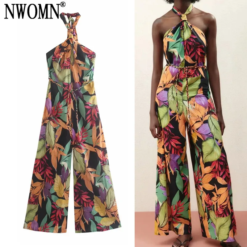 

Комбинезон NWOMN Za женский с принтом, Длинный летний пикантный ромпер с лямкой на шее, с открытой спиной и широкими штанинами, модные комбинезо...