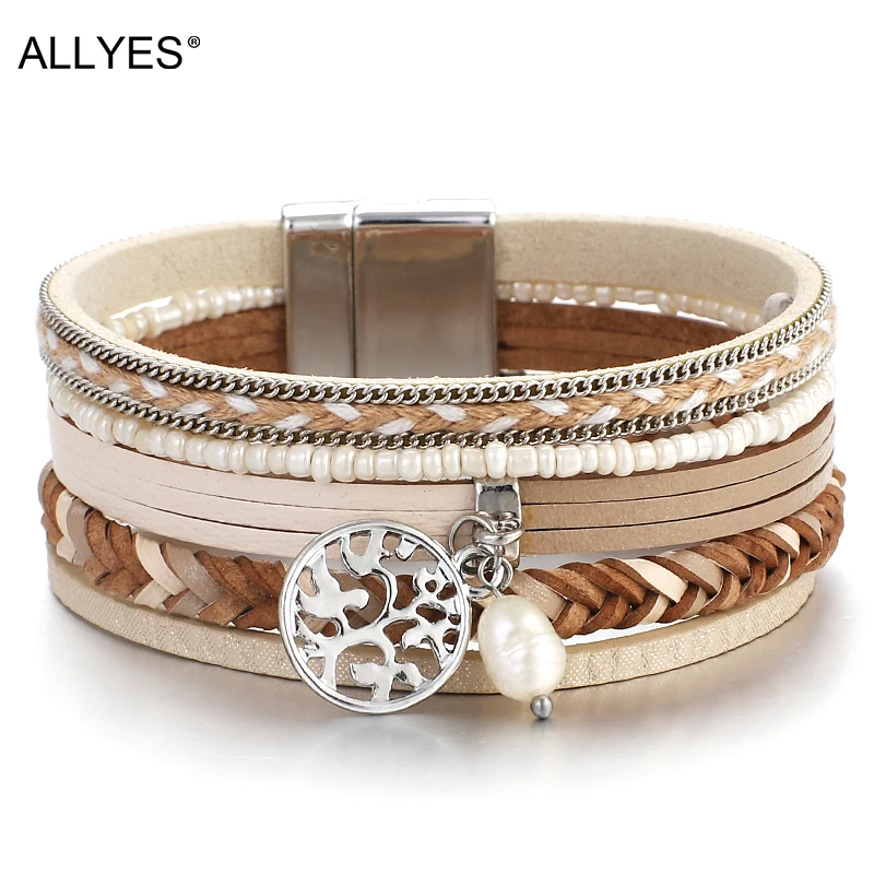 ALLYES Древо жизни модные кожаные браслеты женские 2020 богемных дам Многослойные