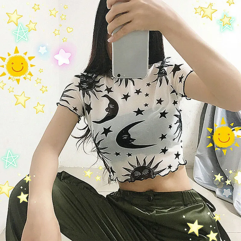 

Women's T-shirt Sexy Clothes Summer Fashion Angel Mesh Sheer Fishnet Short Sleeve Turtle Neck Crop Tops Women's Tube Top Y2k
