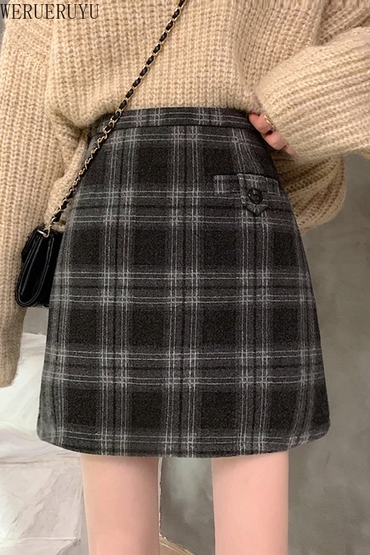

WERUERUYU Korean Plaid Woole Skirt Women 2020 Autumn And Winter Women Skirts Ladies Mini Skirt