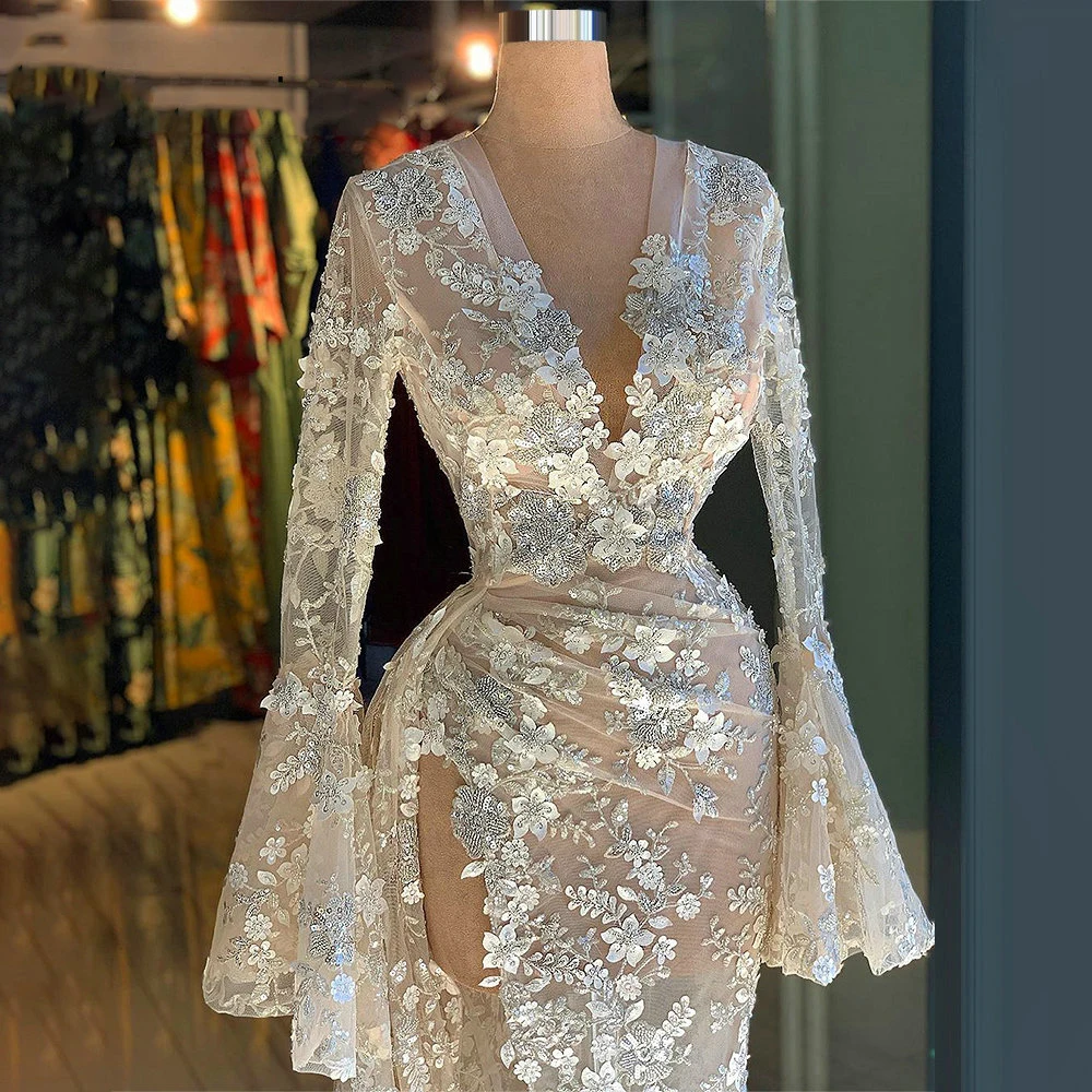 

YILIBER Evening dresses 2021 vintage vlack pearls long sleeves evening gowns beading prom dresses for women short dresses