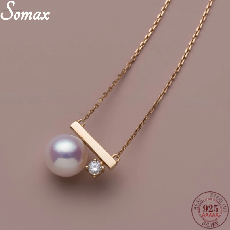 

925 Sterling Silver Korean Balance Pearl Inlaid Zircon 18k Gold Plating Necklace Women Simple Temperament Clavicle Chain Jewelry