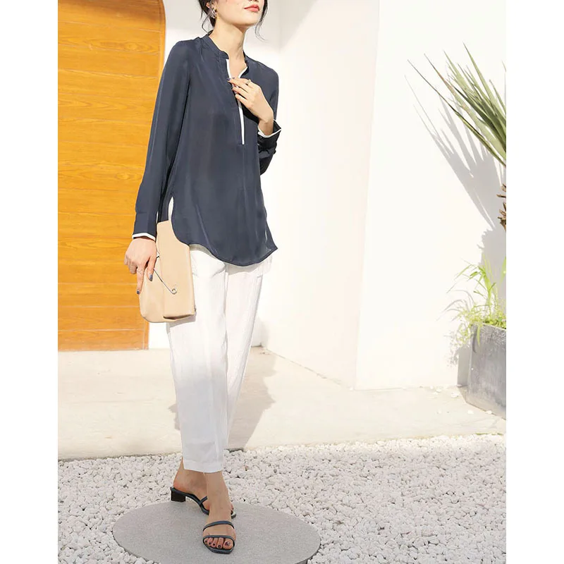 Женская тонкая рубашка с длинным рукавом темно синяя Повседневная блузка из