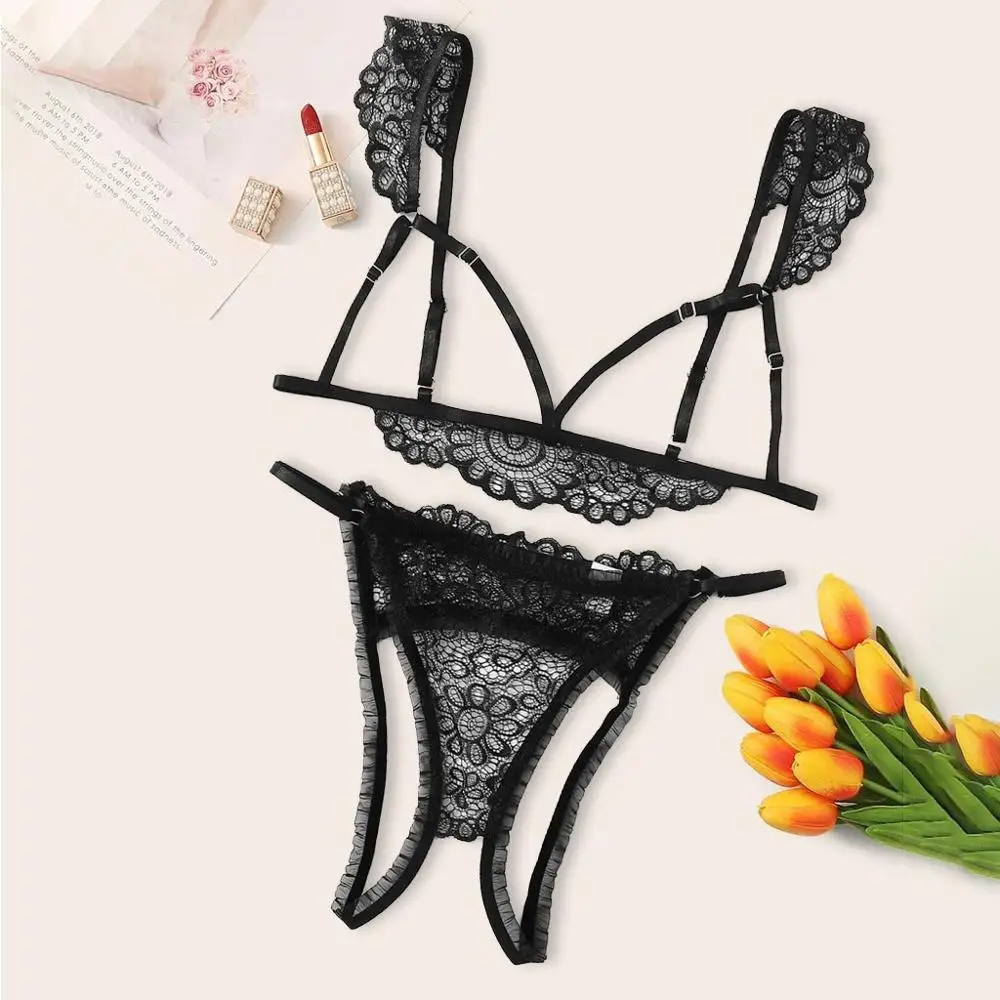 

New Women Plus Size Lace Lingerie Bra+Thong Underwear Set Black Sleepwear Lingerie Sexy Hot Erotic Porno Costumi #4M13