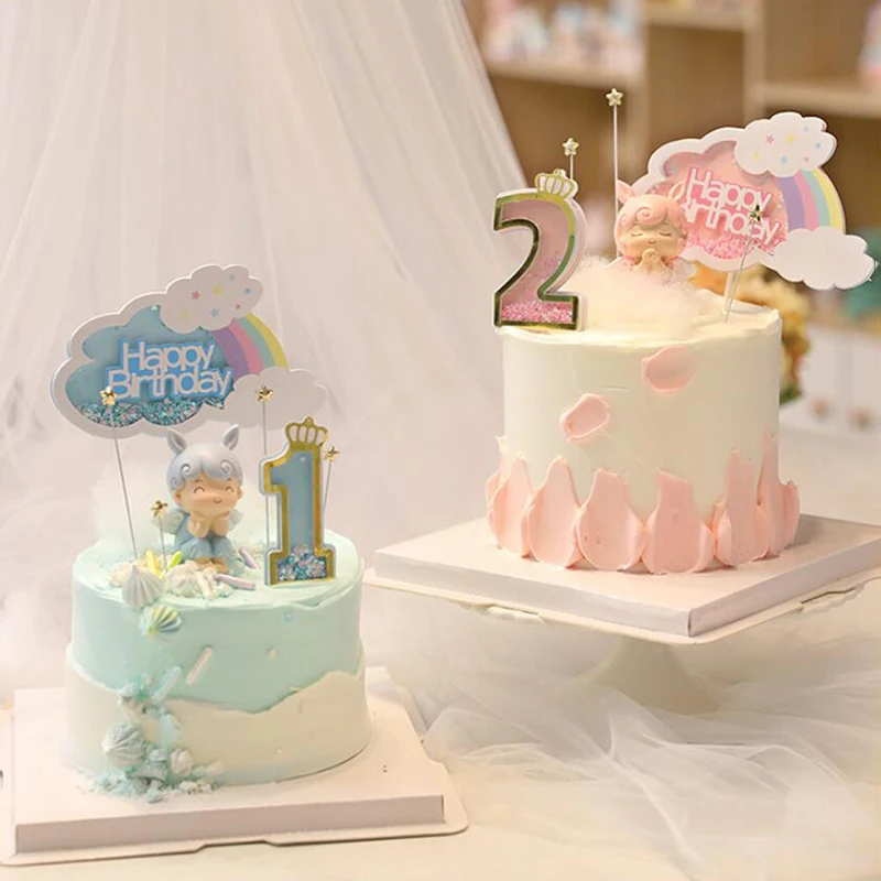 

1pc Cake Decoration Acrylic Creative Glitter Powder Blue Pink Rainbow Crown Number 0-9 Happy Birthday Dessert Cake Topper Kids