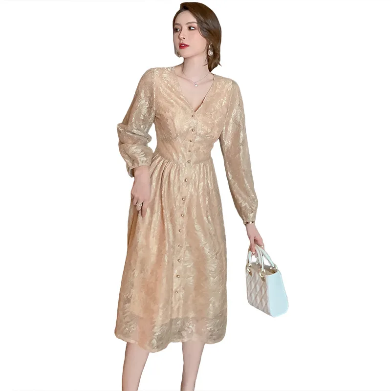 

2020 New Autumn High End Women Dresses Vintage Long Sleeve V Neck Office Ladies Runway Party Single-breasted Lace Dress Vestidos