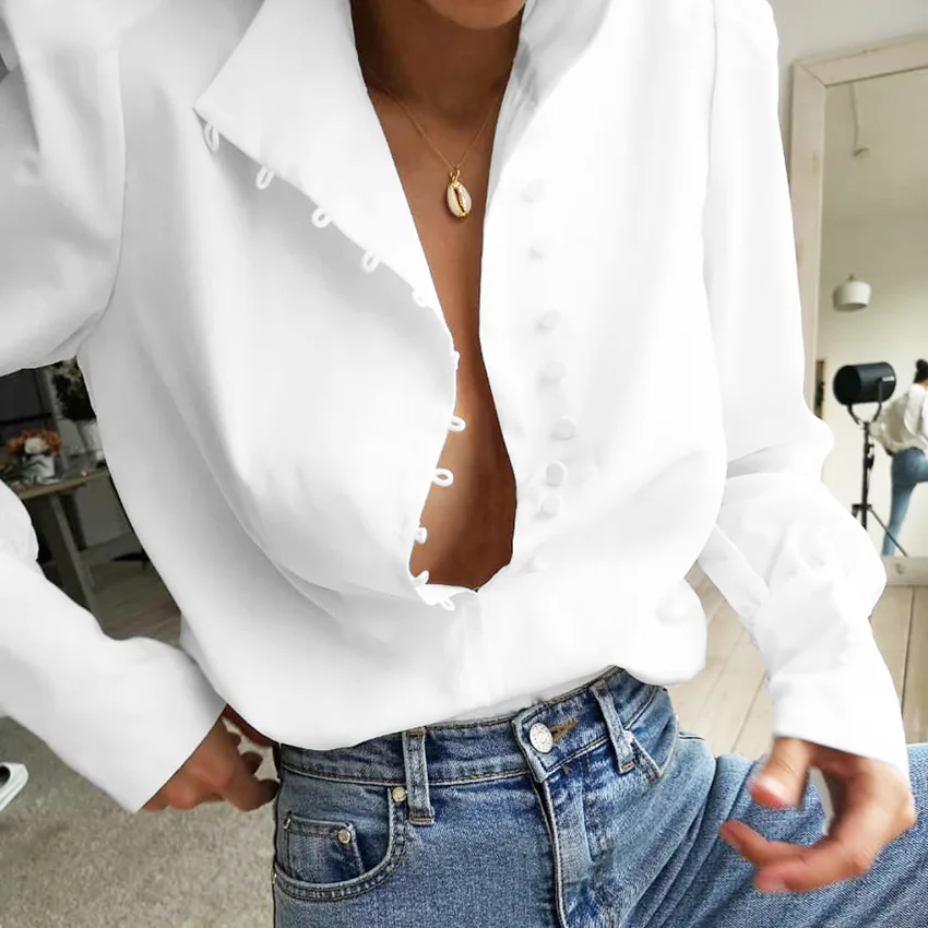 

Elegant Turtleneck Blouse Long Sleeve White Shirt Office Ladies Top Casual Solid Single-Breasted Puff Sleeve Womens Blouses