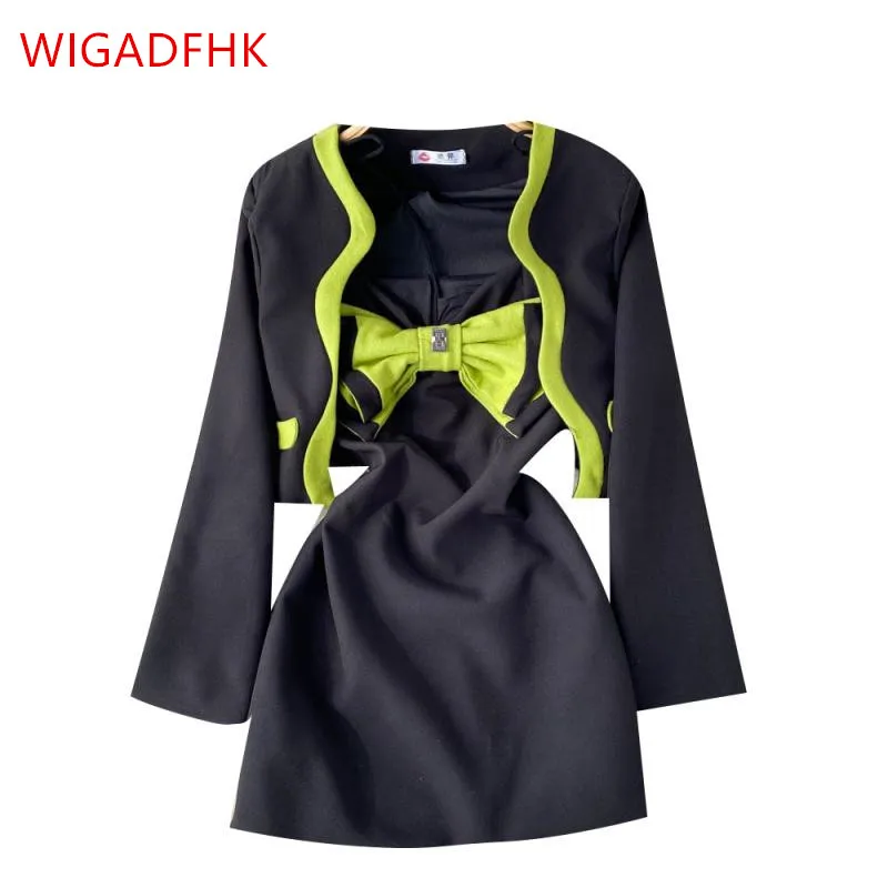 

WIGADFHK короткий костюм контрастных цветов в западном стиле, жакет-шаль, платье на бретелях с бантом, модная женская одежда из двух предметов ...