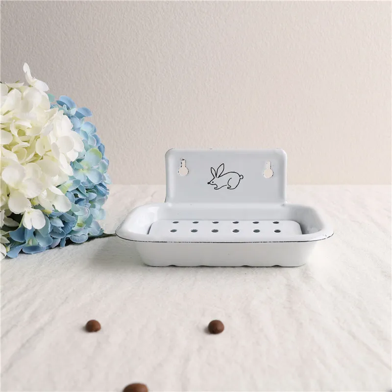 

enamel white retro metal soap holder for shower wall