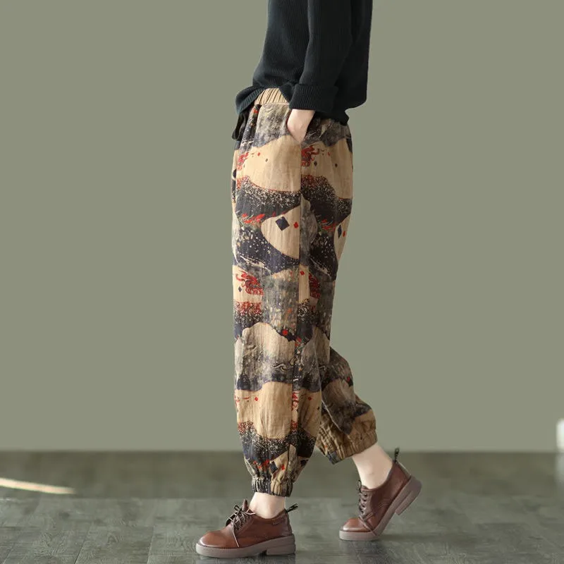 2021 Spring New Arts Style Women Elastic Waist Loose Ankle-length Pants Vintage Dyeing Cotton Linen Harem Pants Femme V227