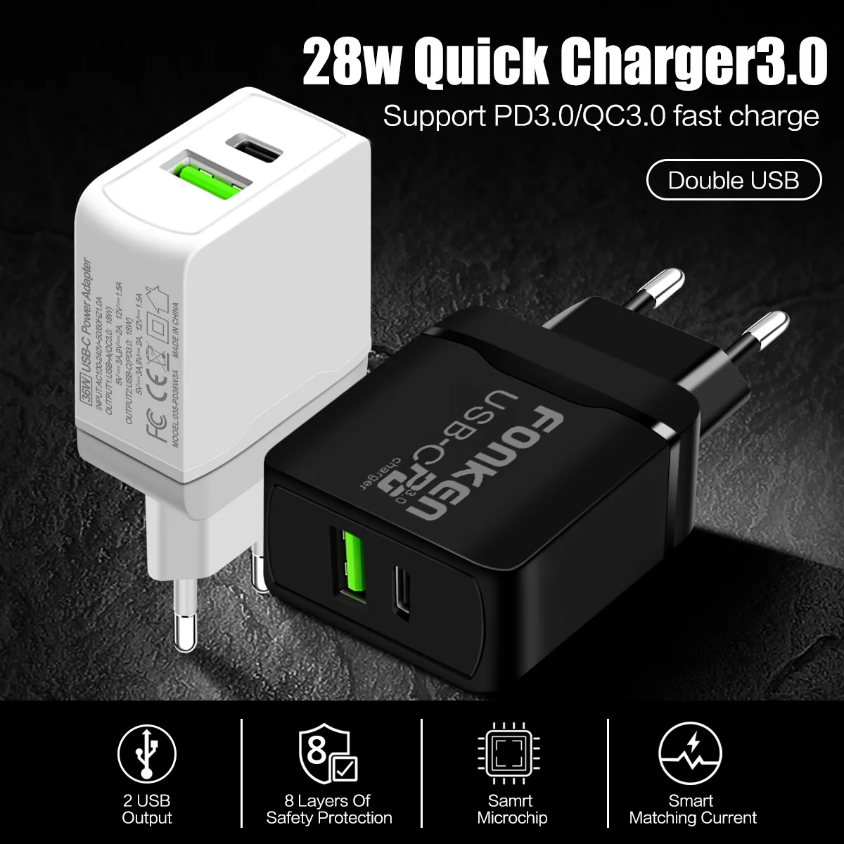 FONKEN USB C PD Зарядное устройство Dual Порты и разъёмы Быстрая зарядка для телефона