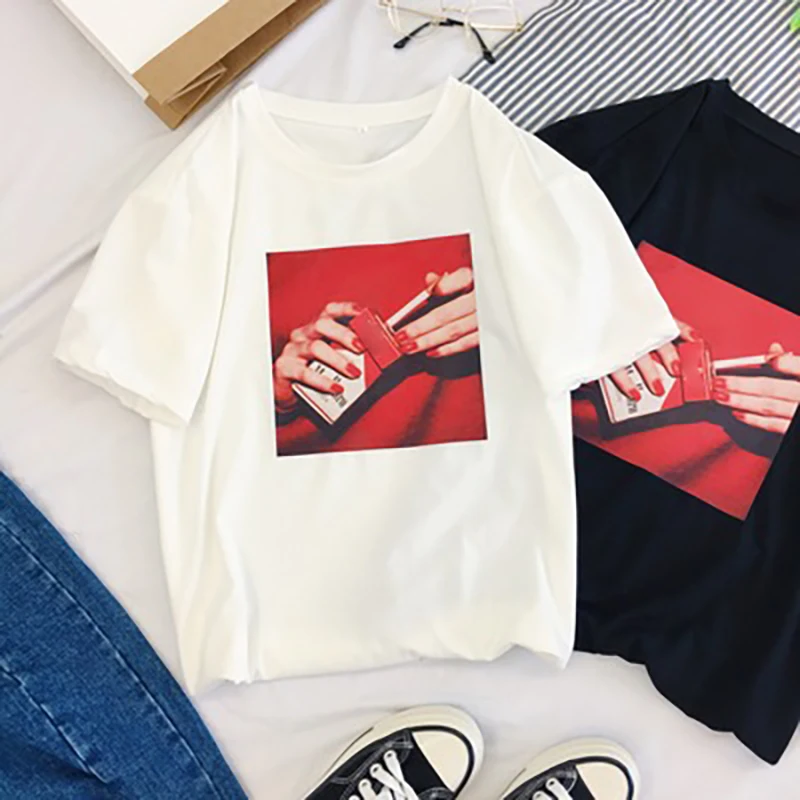 Harajuku, Повседневная забавная женская футболка, короткий рукав, сигаретный принт, тонкий корейский стиль, большие белые футболки, одежда для пар