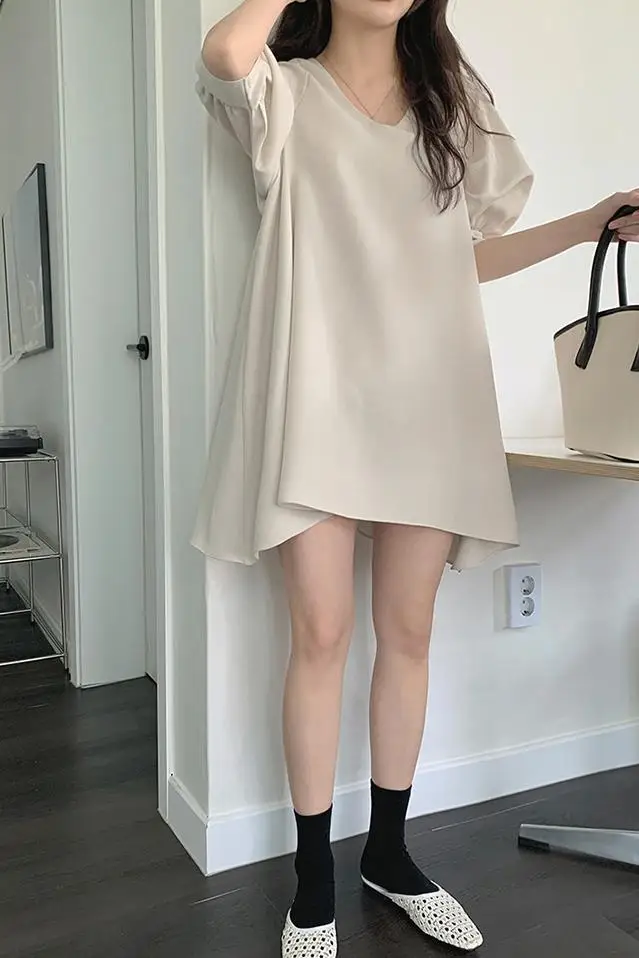 

COIGARSAM Brief Solid Women Long dress New Summer Loose V-Neck Dresses 8481