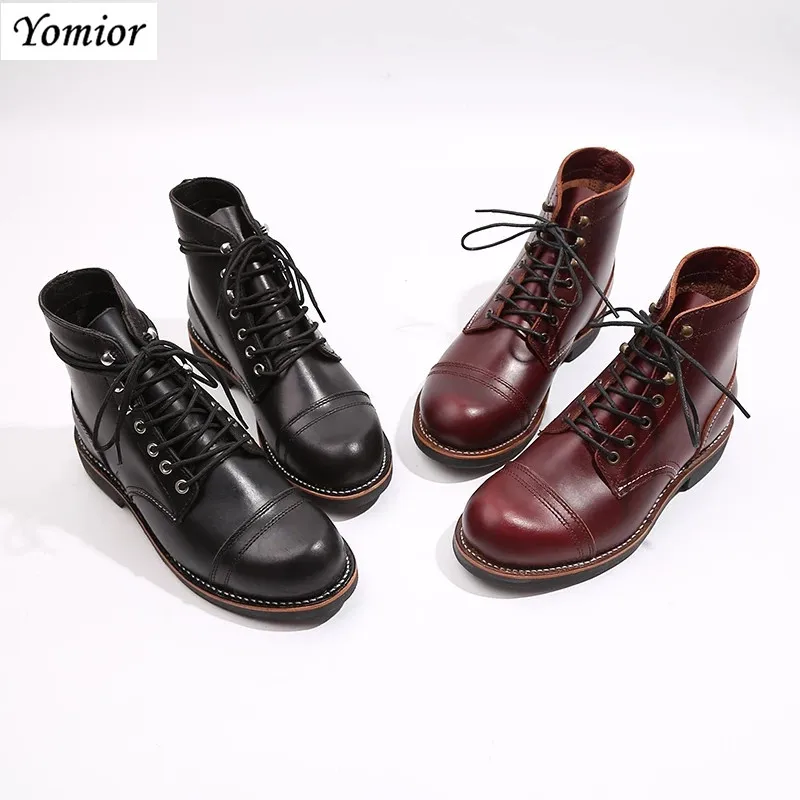 Handmade Genuine Leather Original Unisex Spring Winter Boots Men Wing Motorcycle Fashion Work Wedding Wine Red Color | Обувь