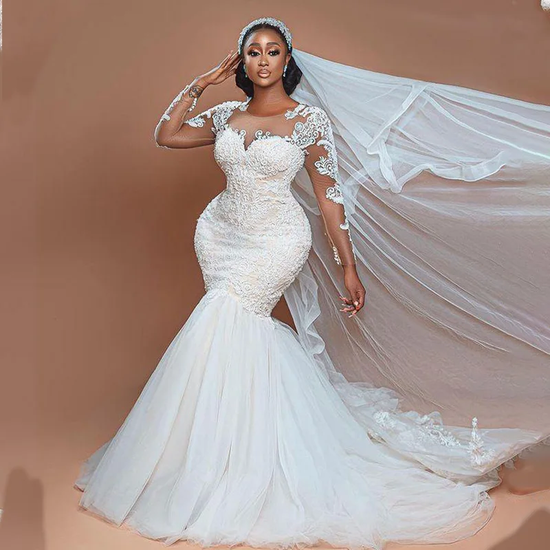 

Arabic Aso Ebi Mermaid Wedding Dress Full Sleeves O Neck Robe De Marriage Bride Sweep Train Nude Tulle Lace Beads Bridal Gowns